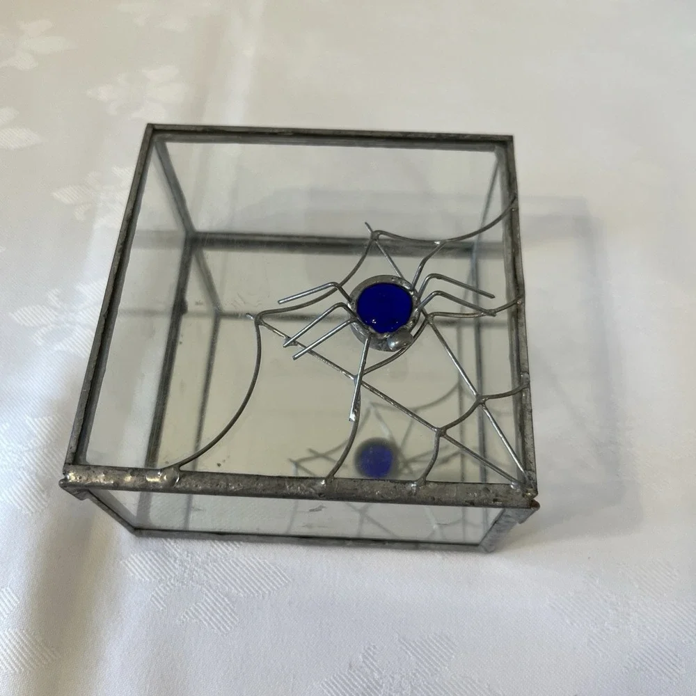 Gothic Trinket Box Blue Spider And Solder Web Mirror Glass Deco